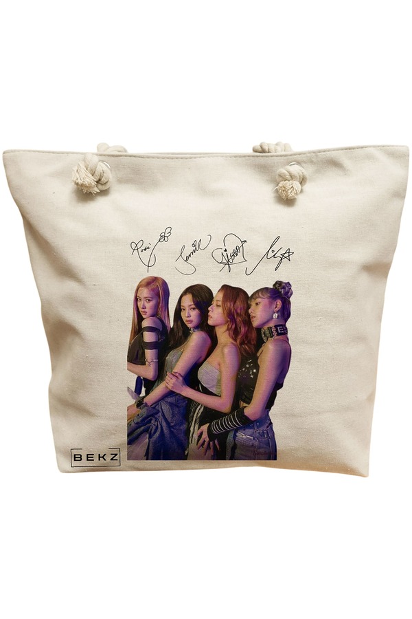 Geanta Canvas Tote pentru femei, model Blackpink 9 cu semnaturii, 40x51 cm, Bej, BEKZ® 11 Geanta Canvas Tote pentru femei