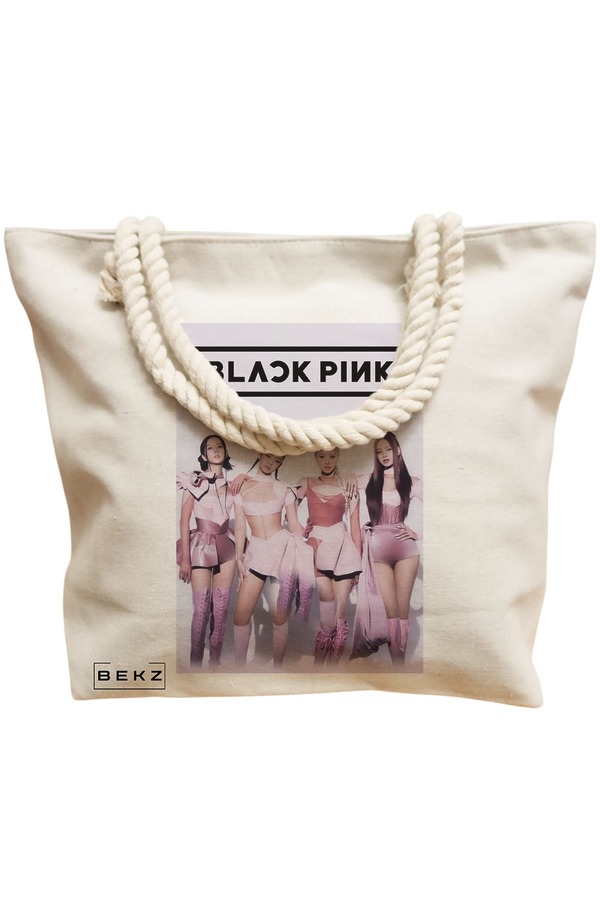 Geanta Canvas Tote pentru femei, model Blackpink 10, 40x51 cm, Bej, BEKZ® 12 model Blackpink 10