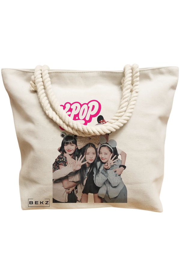 Geanta Canvas Tote pentru femei, model Blackpink k-pop, 40x51 cm, Bej, BEKZ® 12 model Blackpink k-pop