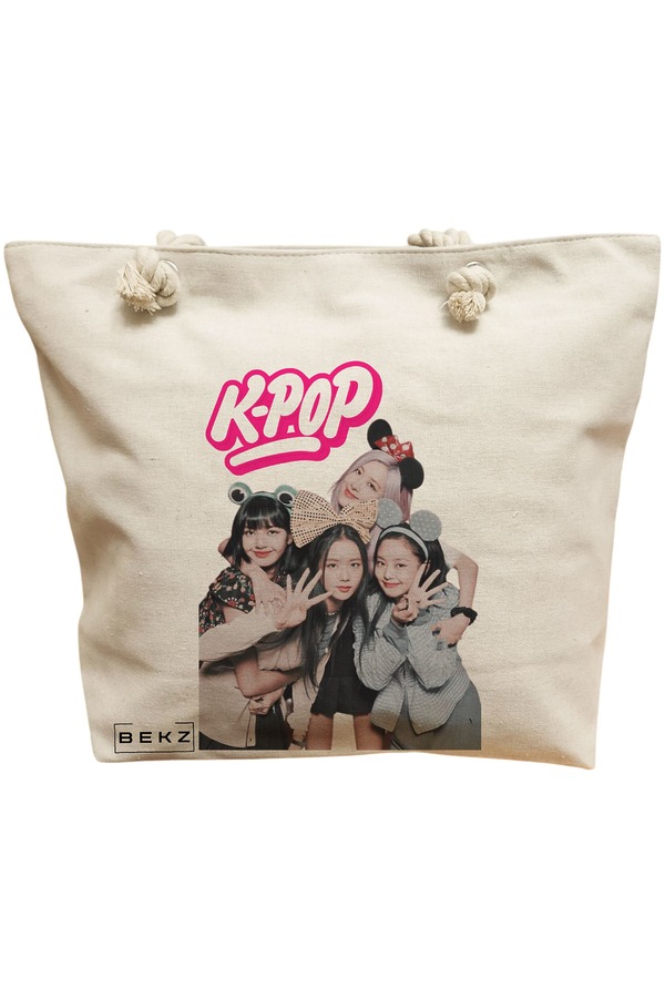 Geanta Canvas Tote pentru femei, model Blackpink k-pop, 40x51 cm, Bej, BEKZ® 11 Geanta Canvas Tote pentru femei