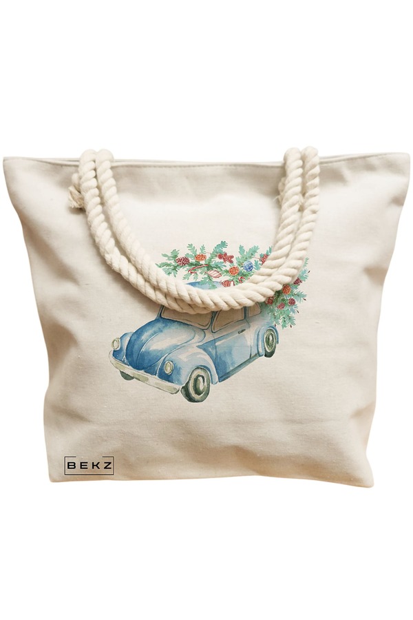 Geanta Canvas Tote pentru femei, model Watercolor Car, 40x51 cm, Bej, BEKZ® 12 model Watercolor Car