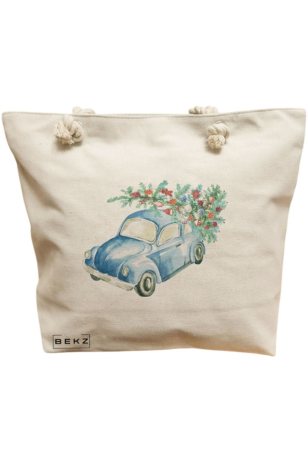 Geanta Canvas Tote pentru femei, model Watercolor Car, 40x51 cm, Bej, BEKZ® 11 Geanta Canvas Tote pentru femei