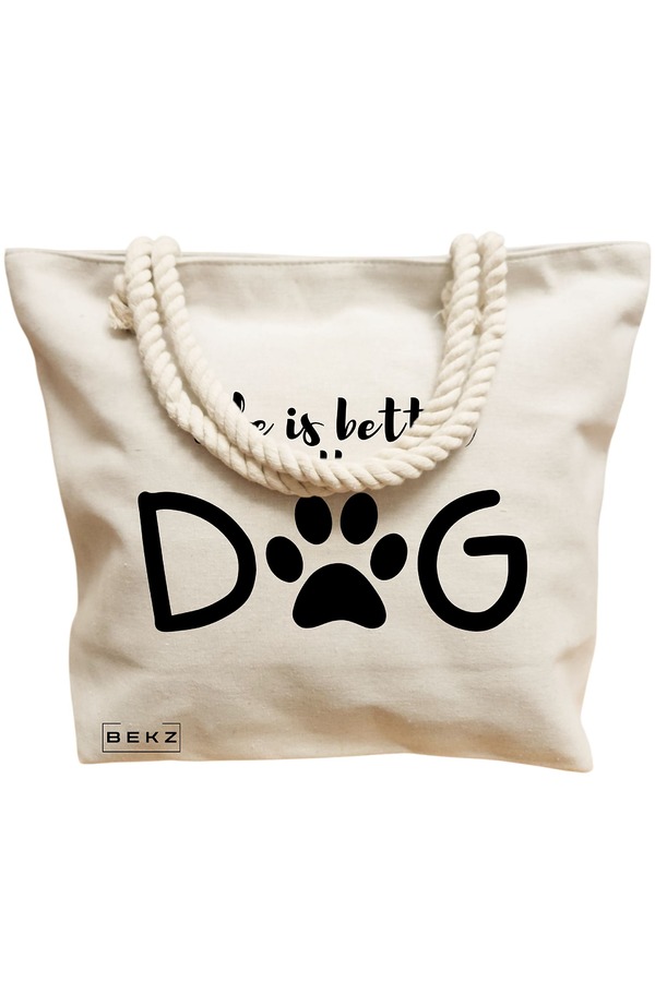 Geanta Canvas Tote pentru femei, model Life is better with a doggo, 40x51 cm, Bej, BEKZ® 12 model Life is better with a doggo