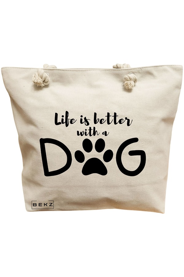 Geanta Canvas Tote pentru femei, model Life is better with a doggo, 40x51 cm, Bej, BEKZ® 11 Geanta Canvas Tote pentru femei