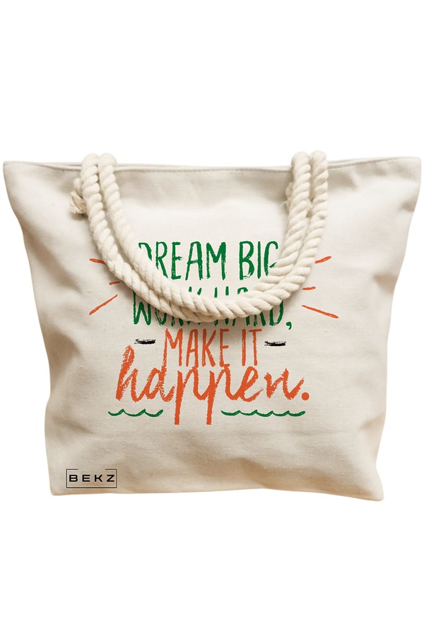 Geanta Canvas Tote pentru femei, model Dream Big, Work Hard, Make it Happen, 40x51 cm, Bej, BEKZ® 12 model Dream Big