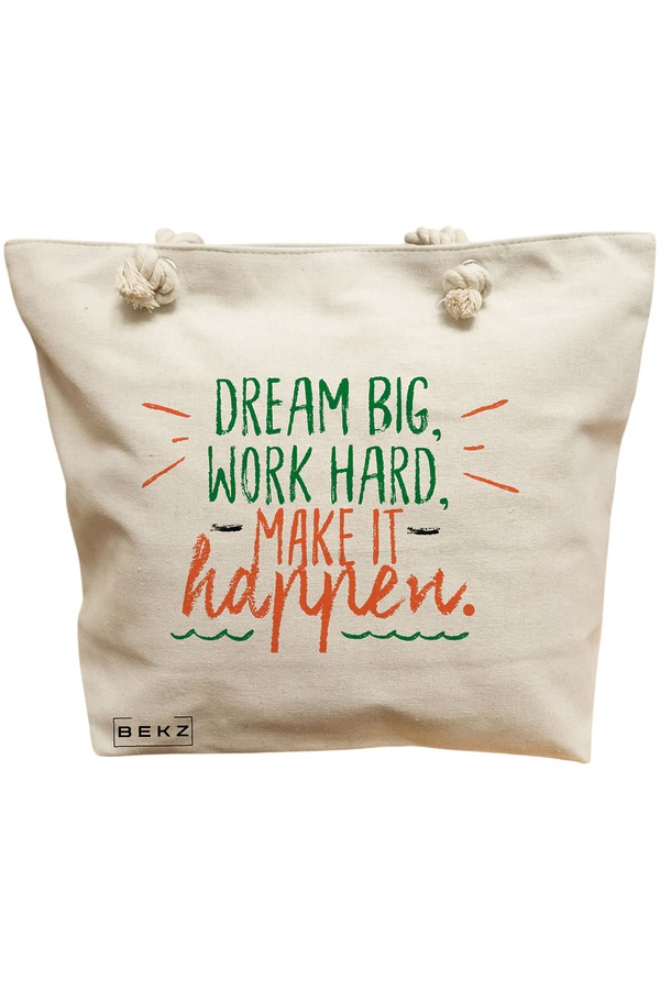 Geanta Canvas Tote pentru femei, model Dream Big, Work Hard, Make it Happen, 40x51 cm, Bej, BEKZ® 11 Geanta Canvas Tote pentru femei