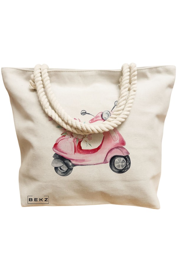 Geanta Canvas Tote pentru femei, model Rose flower Bike, 40x51 cm, Bej, BEKZ® 12 model Rose flower Bike