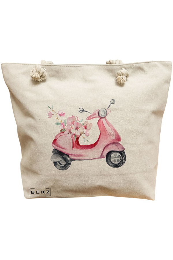 Geanta Canvas Tote pentru femei, model Rose flower Bike, 40x51 cm, Bej, BEKZ® 11 Geanta Canvas Tote pentru femei