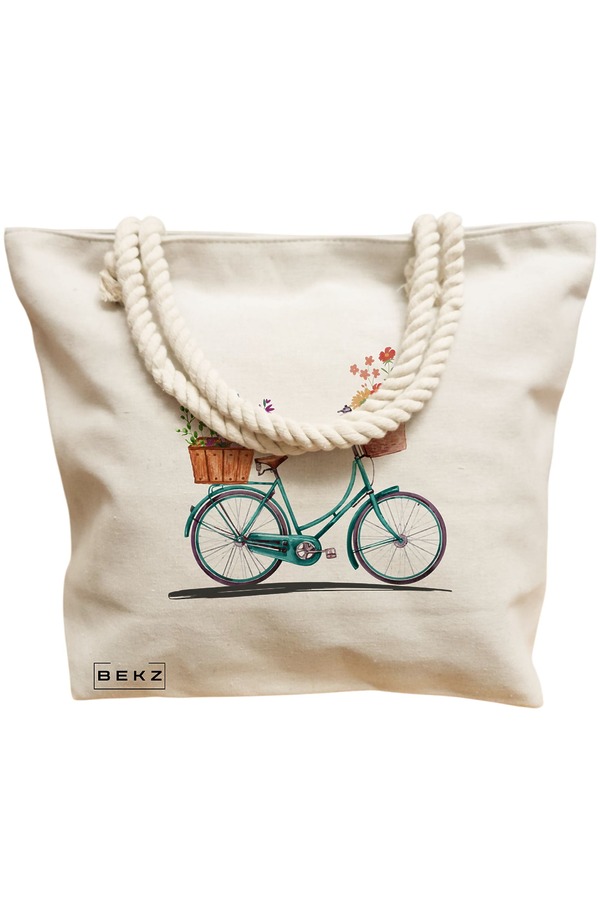 Geanta Canvas Tote pentru femei, model Artistic Bicycle, 40x51 cm, Bej, BEKZ® 12 model Artistic Bicycle