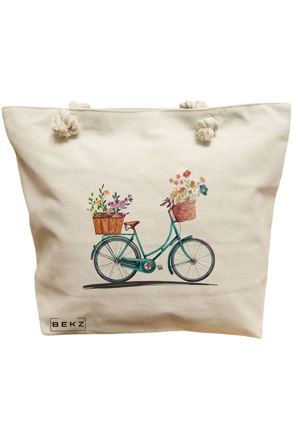 Geanta Canvas Tote pentru femei, model Artistic Bicycle, 40x51 cm, Bej, BEKZ® 11 Geanta Canvas Tote pentru femei