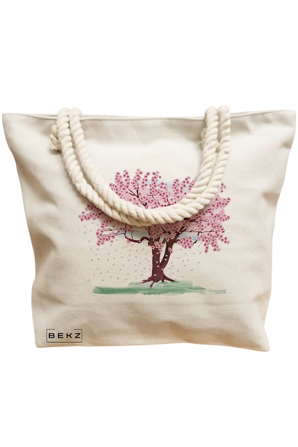 Geanta Canvas Tote pentru femei, model Watercolor Tree, 40x51 cm, Bej, BEKZ® 12 model Watercolor Tree