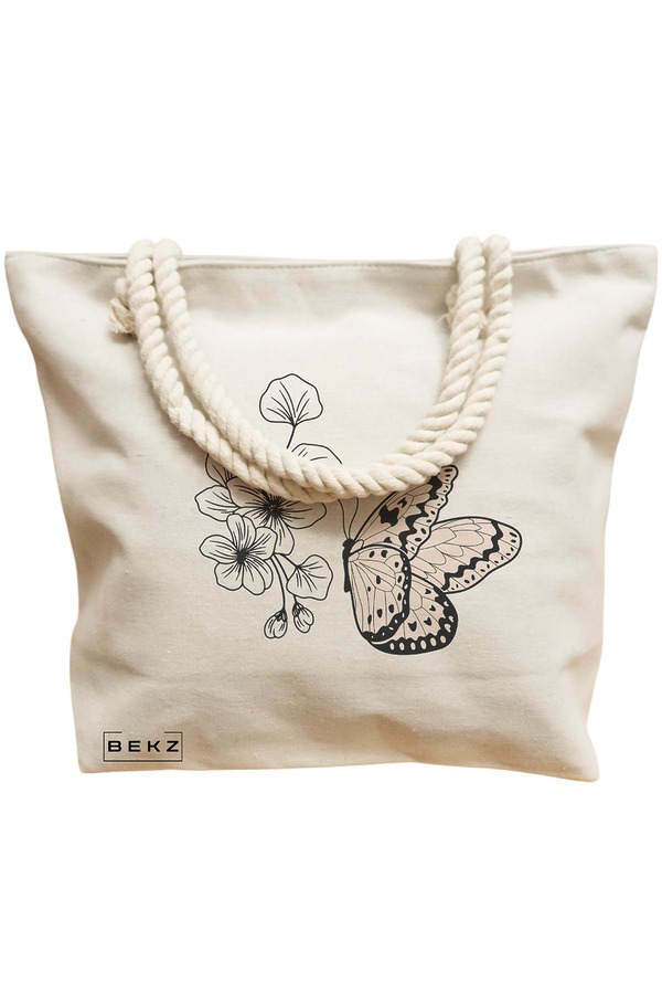 Geanta Canvas Tote pentru femei, model Minimalist Butterfly, 40x51 cm, Bej, BEKZ® 12 model Minimalist Butterfly