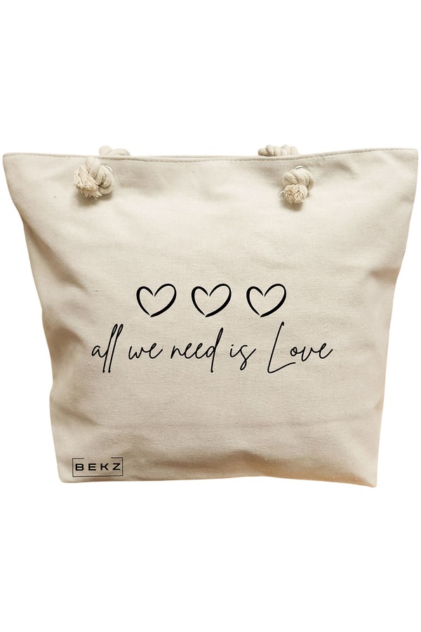 Geanta Canvas Tote pentru femei, model All we nee is Love, 40x51 cm, Bej, BEKZ® 11 Geanta Canvas Tote pentru femei