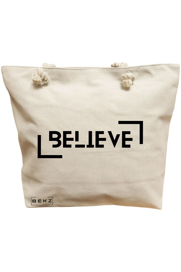 Geanta Canvas Tote pentru femei, model Believe, 40x51 cm, Bej, BEKZ® 11 Geanta Canvas Tote pentru femei