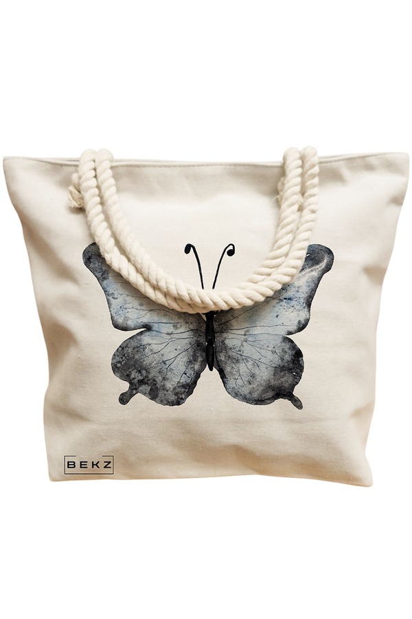 Geanta Canvas Tote pentru femei, model Watercolor Butterfly 2, 40x51 cm, Bej, BEKZ® 12 model Watercolor Butterfly 2