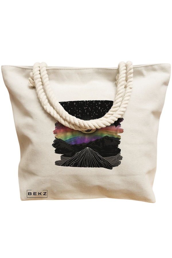 Geanta de Plaja Canvas Tote pentru femei, model Celestial Eye 2, 40x51 cm, Bej, BEKZ® 12 model Celestial Eye 2