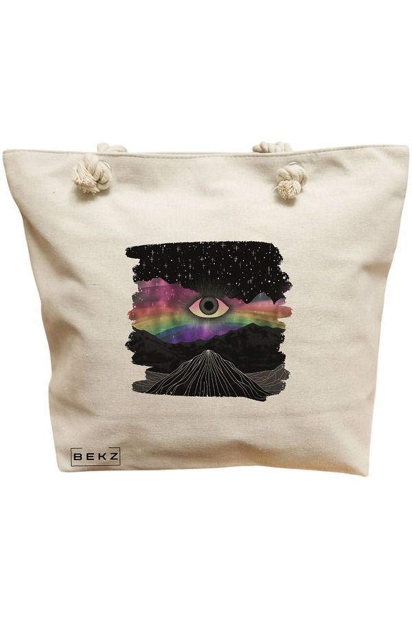 Geanta de Plaja Canvas Tote pentru femei, model Celestial Eye 2, 40x51 cm, Bej, BEKZ® 11 Geanta Canvas Tote pentru femei