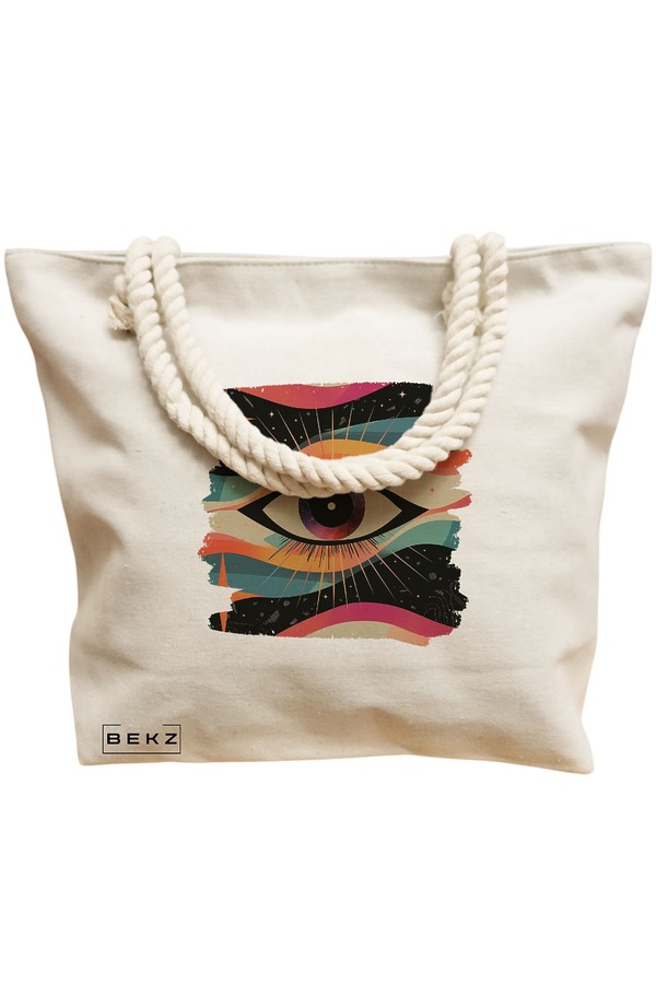 Geanta Canvas Tote pentru femei, model Celestial Eye 4, 40x51 cm, Bej, BEKZ® 12 model Celestial Eye 4