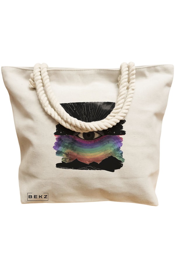 Geanta Canvas Tote pentru femei, model Celestial Eye 5, 40x51 cm, Bej, BEKZ® 11 model Celestial Eye 5