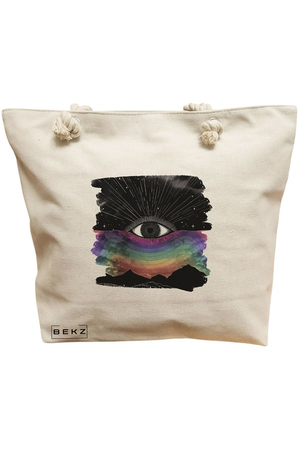 Geanta Canvas Tote pentru femei, model Celestial Eye 5, 40x51 cm, Bej, BEKZ® 12 Geanta Canvas Tote pentru femei
