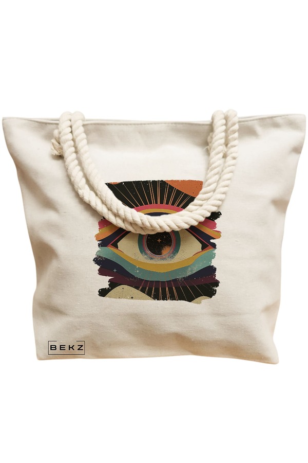 Geanta Canvas Tote pentru femei, model Celestial Eye 6, 40x51 cm, Bej, BEKZ® 12 model Celestial Eye 6