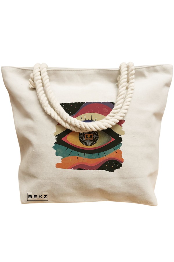 Geanta Canvas Tote pentru femei, model Celestial Eye 7, 40x51 cm, Bej, BEKZ® 12 model Celestial Eye 7
