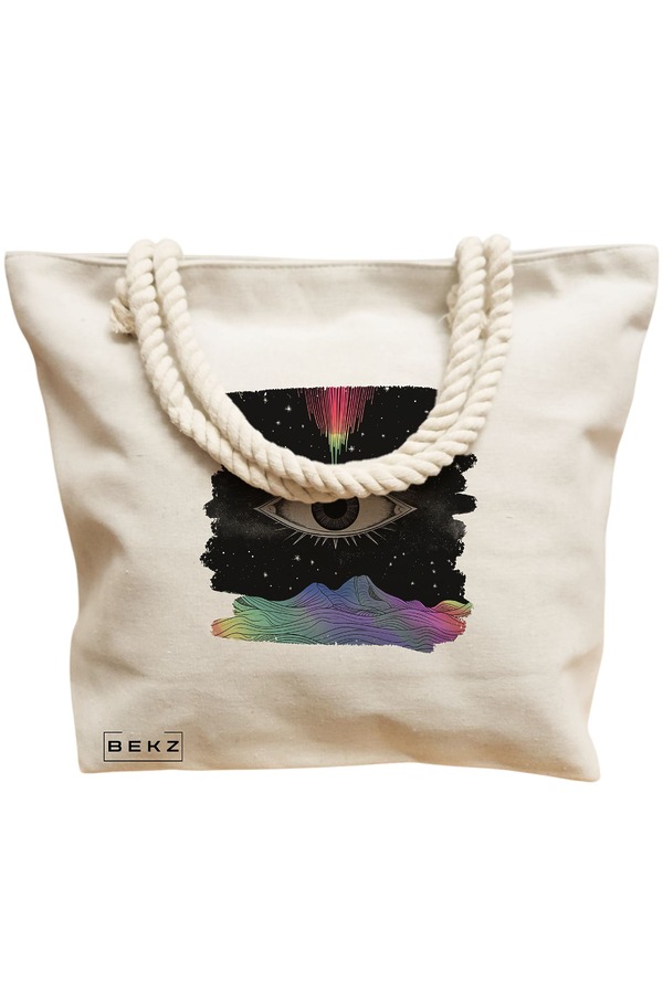 Geanta Canvas Tote pentru femei, model Celestial Eye 10, 40x51 cm, Bej, BEKZ® 12 model Celestial Eye 10