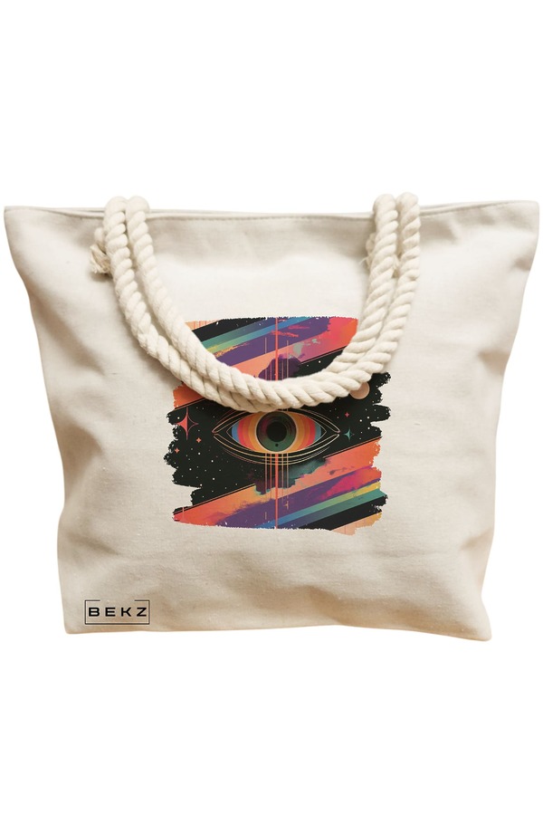 Geanta Canvas Tote pentru femei, model Celestial Eye 11, 40x51 cm, Bej, BEKZ® 12 model Celestial Eye 11