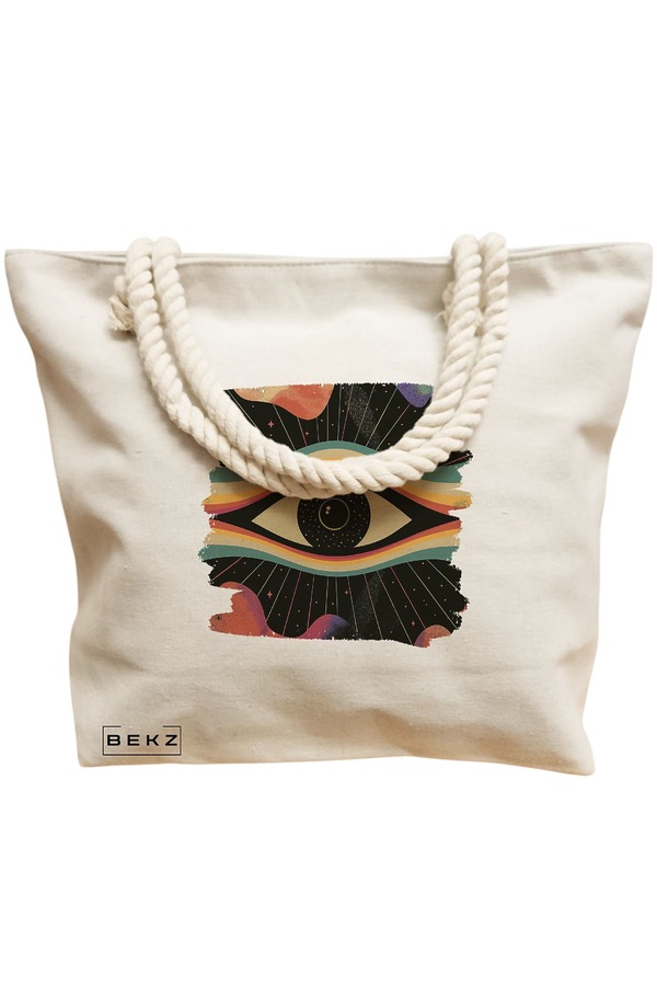 Geanta Canvas Tote pentru femei, model Celestial Eye 14, 40x51 cm, Bej, BEKZ® 12 model Celestial Eye 14