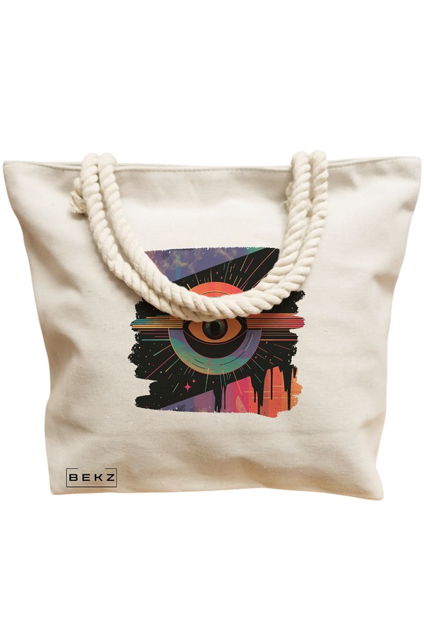 Geanta Canvas Tote pentru femei, model Celestial Eye 15, 40x51 cm, Bej, BEKZ® 12 model Celestial Eye 15
