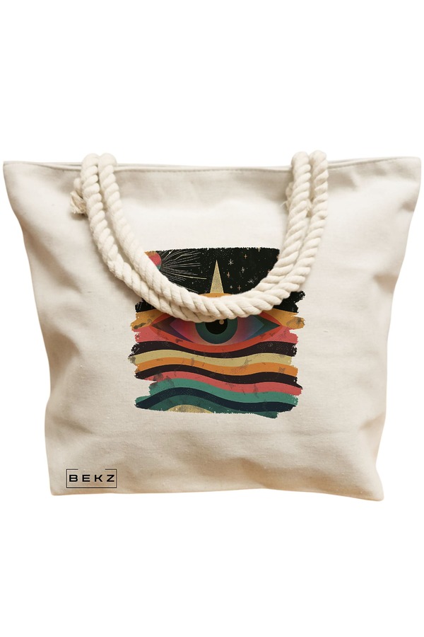 Geanta Canvas Tote pentru femei, model Celestial Eye 16, 40x51 cm, Bej, BEKZ® 12 model Celestial Eye 16