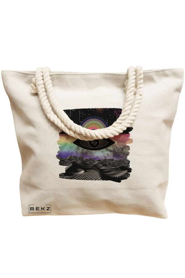 Geanta Canvas Tote pentru femei, model Celestial Eye 19, 40x51 cm, Bej, BEKZ® 12 model Celestial Eye 19
