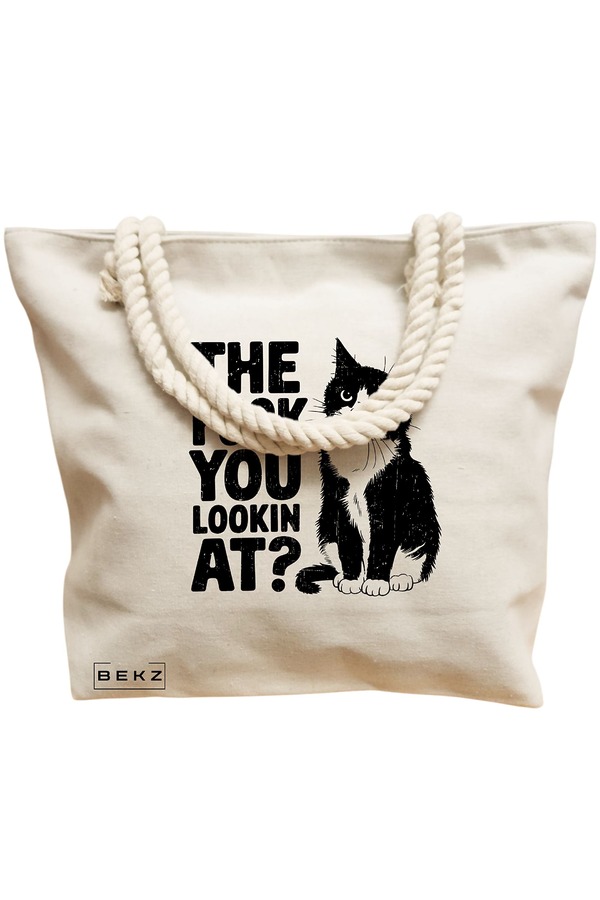Geanta Canvas Tote pentru femei, model What are you looking at?, 40x51 cm, Bej, BEKZ® 12 model What are you looking at?