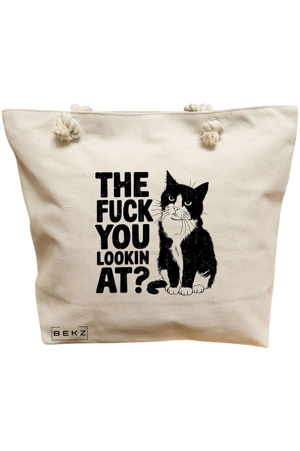 Geanta Canvas Tote pentru femei, model What are you looking at?, 40x51 cm, Bej, BEKZ® 11 Geanta Canvas Tote pentru femei