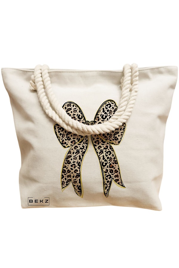 Geanta Canvas Tote pentru femei, model Leopard Bow, 40x51 cm, Bej, BEKZ® 12 model Leopard Bow