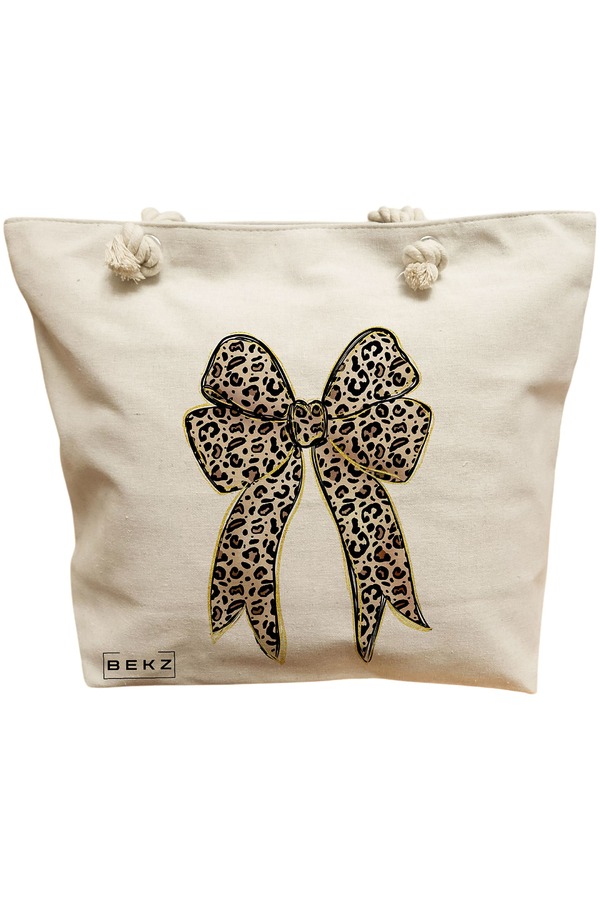 Geanta Canvas Tote pentru femei, model Leopard Bow, 40x51 cm, Bej, BEKZ® 11 Geanta Canvas Tote pentru femei