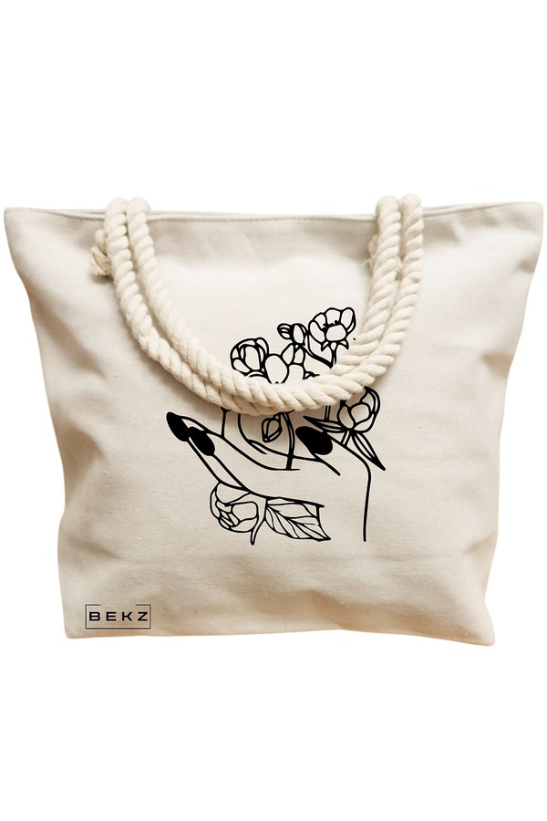 Geanta Canvas Tote pentru femei, model Floral Hand, 40x51 cm, Bej, BEKZ® 12 model Floral Hand