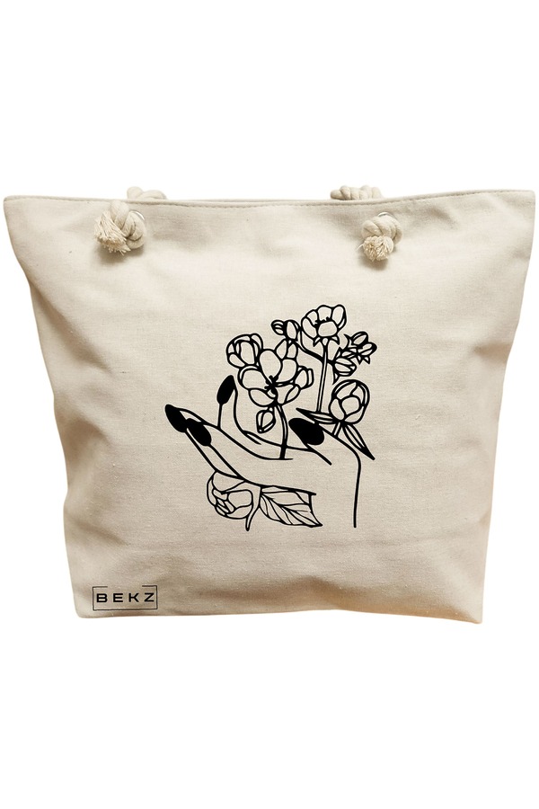 Geanta Canvas Tote pentru femei, model Floral Hand, 40x51 cm, Bej, BEKZ® 11 Geanta Canvas Tote pentru femei