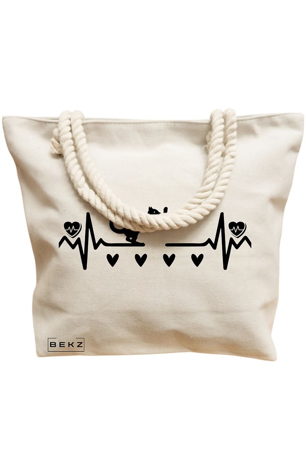 Geanta Canvas Tote pentru femei, model Cat Love 2, 40x51 cm, Bej, BEKZ® 12 model Cat Love 2
