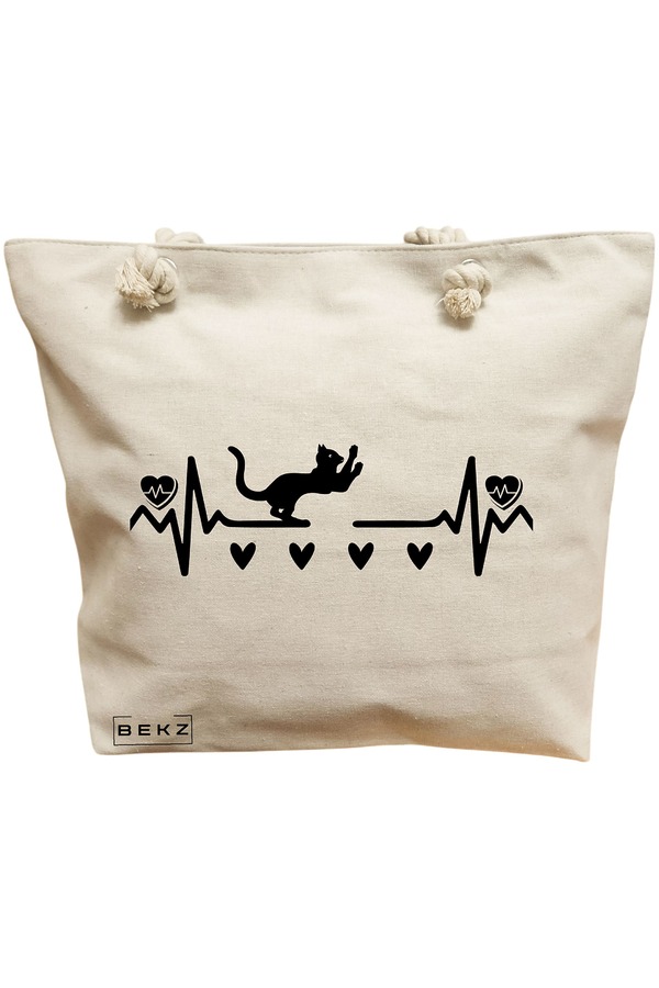 Geanta Canvas Tote pentru femei, model Cat Love 2, 40x51 cm, Bej, BEKZ® 11 Geanta Canvas Tote pentru femei