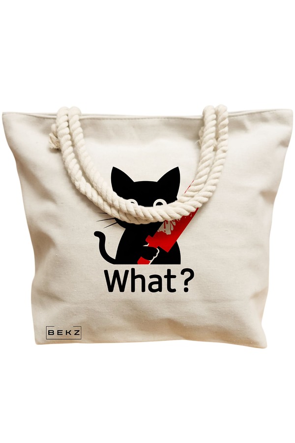 Geanta Canvas Tote pentru femei, model Funny Black Cat, 40x51 cm, Bej, BEKZ® 12 model Funny Black Cat