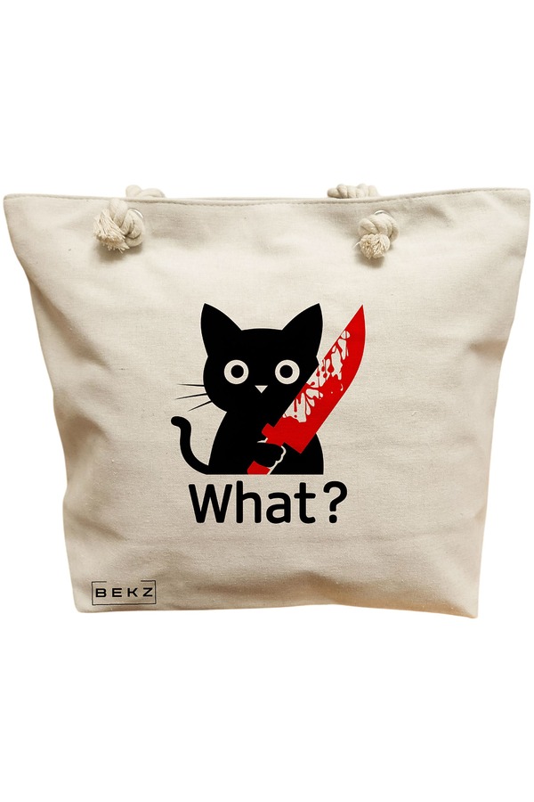 Geanta Canvas Tote pentru femei, model Funny Black Cat, 40x51 cm, Bej, BEKZ® 11 Geanta Canvas Tote pentru femei