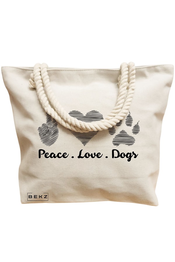 Geanta Canvas Tote pentru femei, model Peace Love Dogs, 40x51 cm, Bej, BEKZ® 15 model Peace Love Dogs