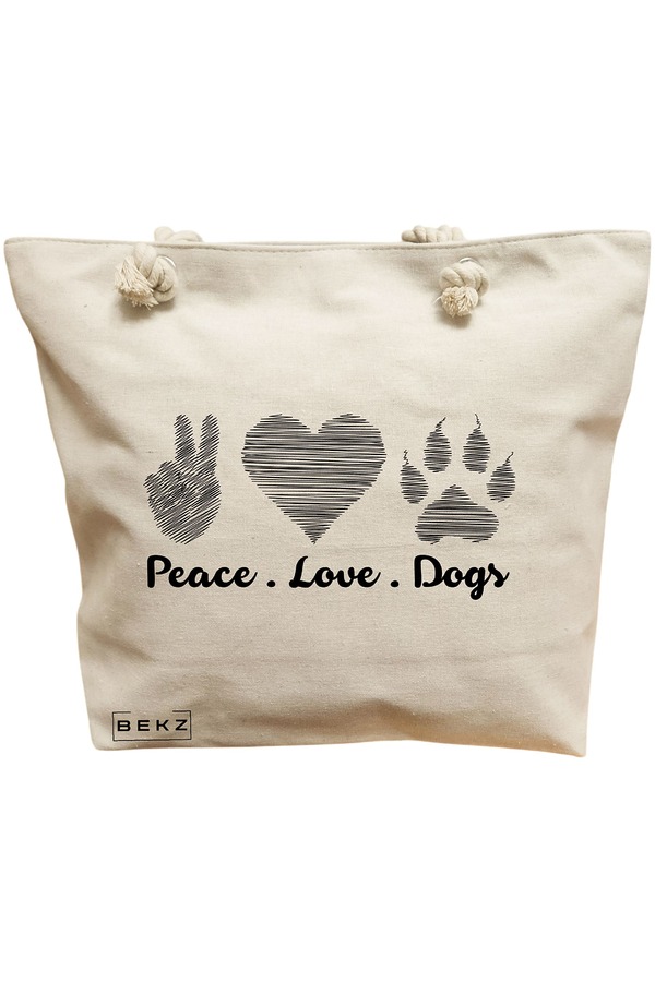 Geanta Canvas Tote pentru femei, model Peace Love Dogs, 40x51 cm, Bej, BEKZ® 13 Geanta Canvas Tote pentru femei