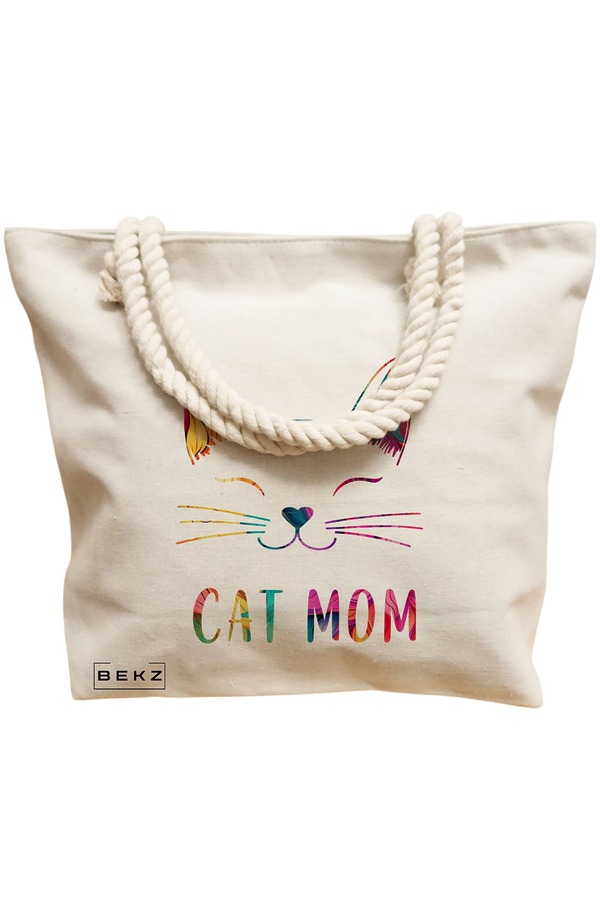 Geanta Canvas Tote pentru femei, model Cat Mom, 40x51 cm, Bej, BEKZ® 12 model Cat Mom
