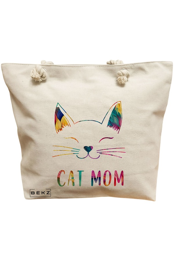 Geanta Canvas Tote pentru femei, model Cat Mom, 40x51 cm, Bej, BEKZ® 11 Geanta Canvas Tote pentru femei