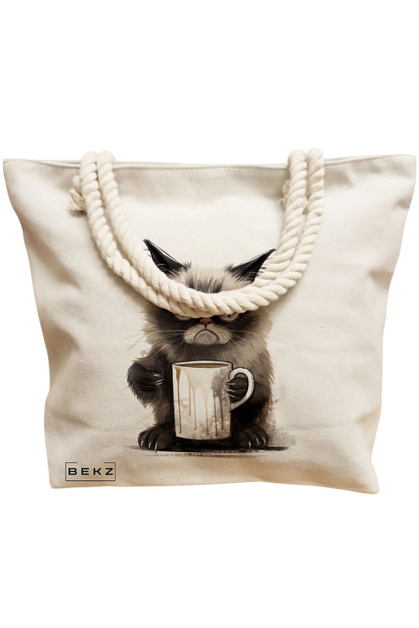 Geanta Canvas Tote pentru femei, model Lazy Cat, 40x51 cm, Bej, BEKZ® 11 model Lazy Cat