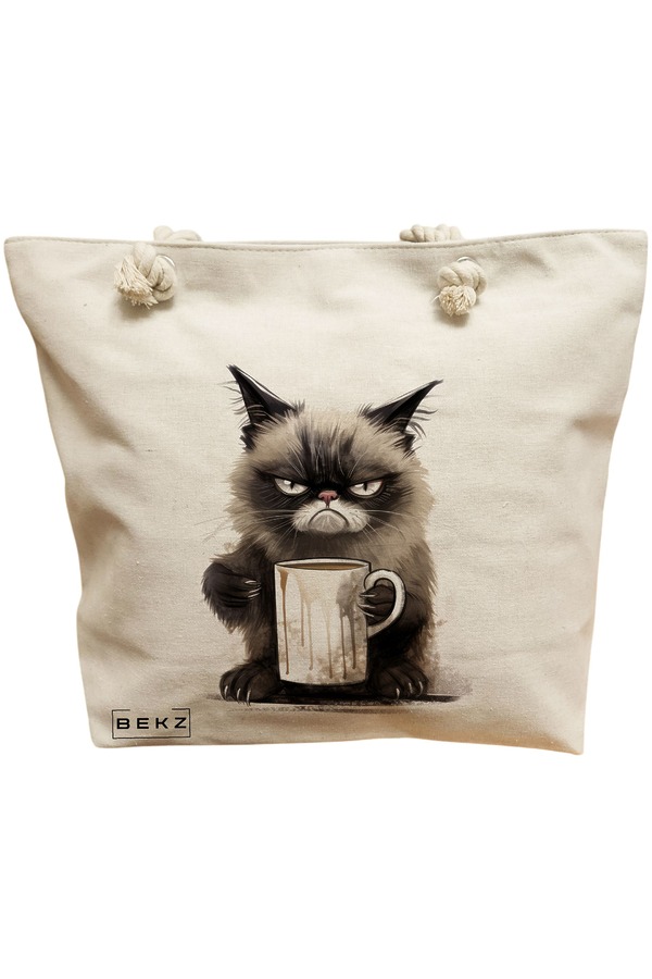 Geanta Canvas Tote pentru femei, model Lazy Cat, 40x51 cm, Bej, BEKZ® 12 Geanta Canvas Tote pentru femei