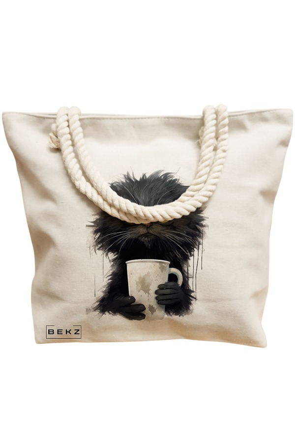 Geanta Canvas Tote pentru femei, model Coffee Addict, 40x51 cm, Bej, BEKZ® 12 model Coffee Addict