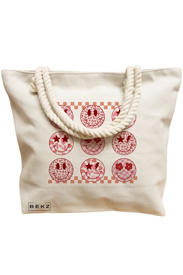 Geanta Canvas Tote pentru femei, model Rose Smilies, 40x51 cm, Bej, BEKZ® 12 model Rose Smilies